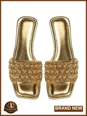 Sparkly Rhinestone Flat Sandals Pearl Square Open Toe Slide Sandals